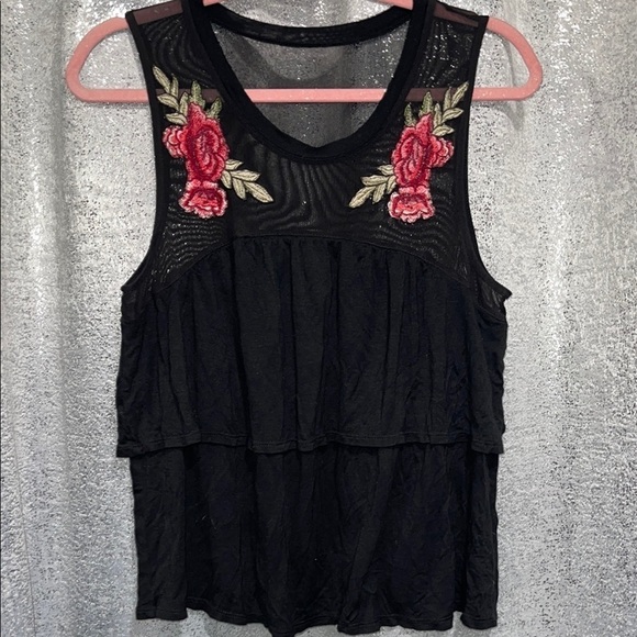 Self Esteem Tops - Black Sleeveless Top with Floral Embroidery